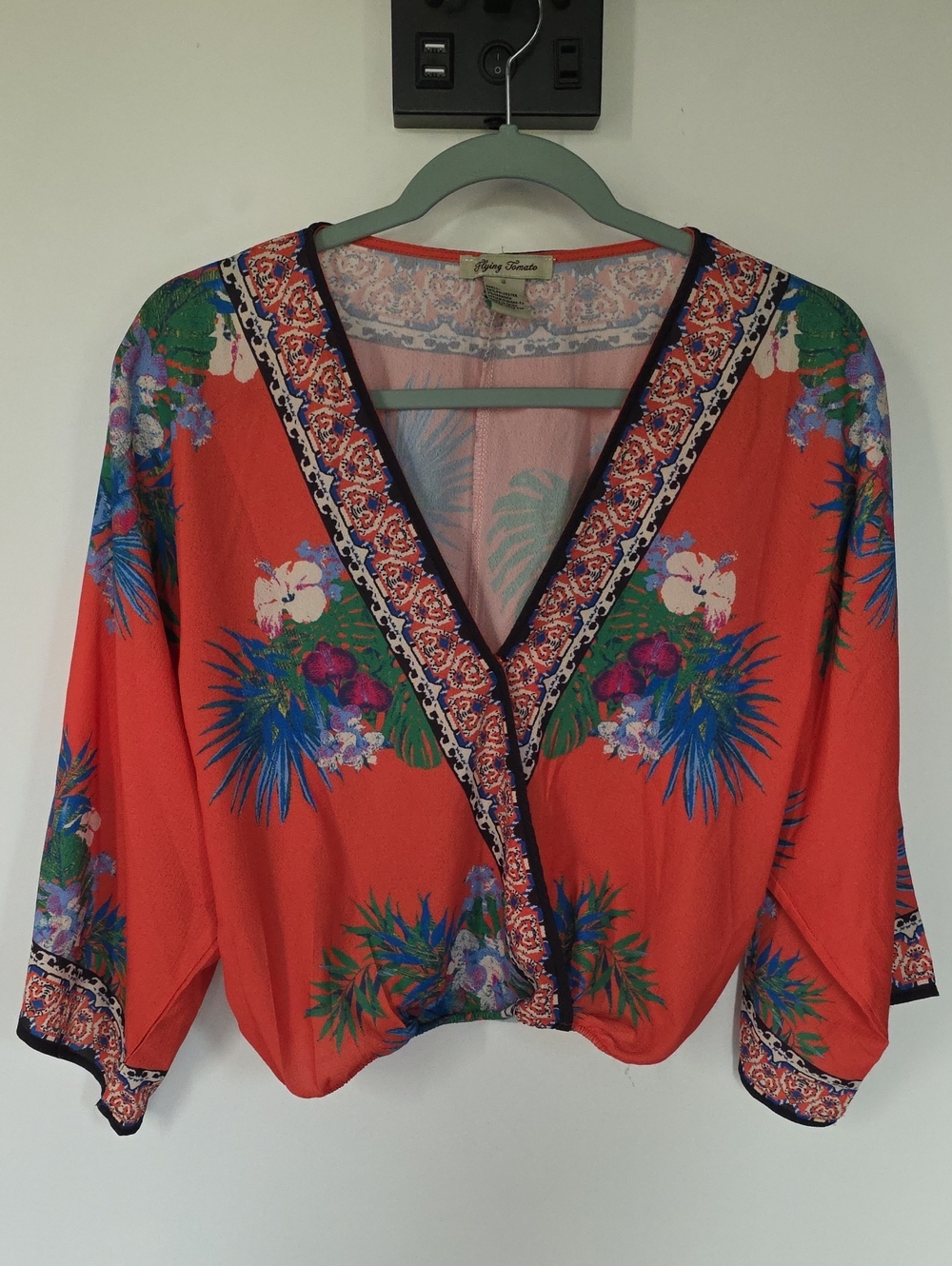 Anthro Flying Tomato Coral Tropical Print V-Neck Women's Top